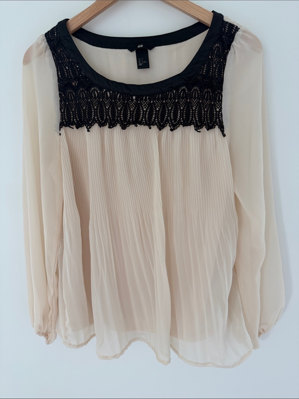 H&M Cream Blouse with Black Lace Yoke Size 6
